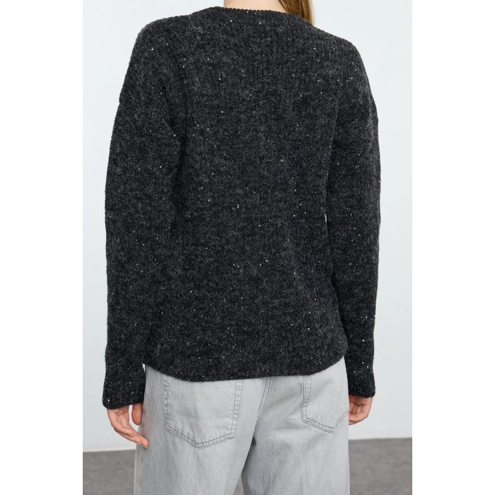 Women Fashion Stylish Crew Neck Standard Sleeve Sequined Soft Texture Knitwear Sweater