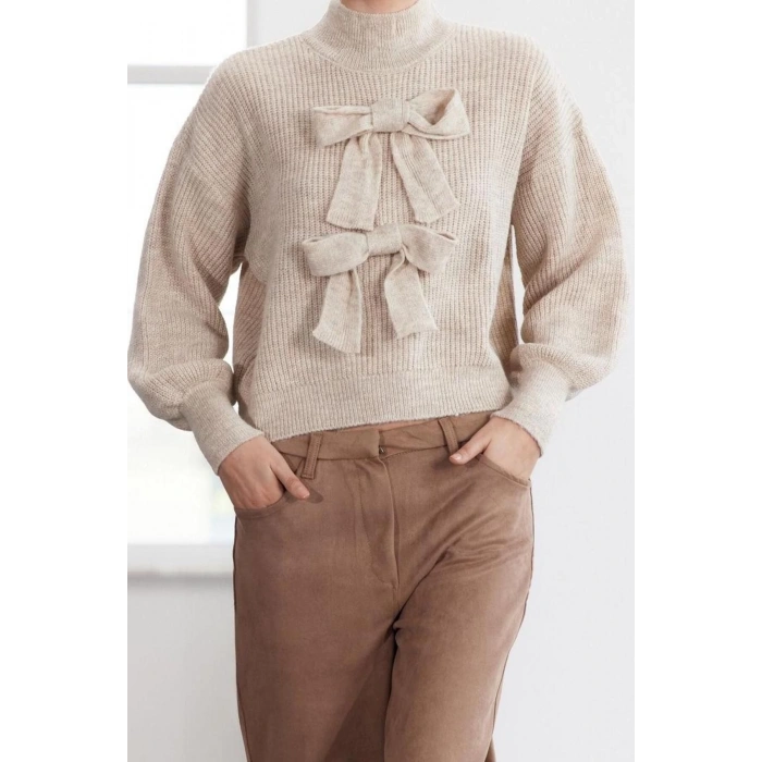 Womens Fashion Stylish Crew Neck Standard Sleeve Regular Wide Pattern Soft Textured Ribbon Knitwear Sweater