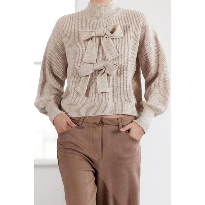 Womens Fashion Stylish Crew Neck Standard Sleeve Regular Wide Pattern Soft Textured Ribbon Knitwear Sweater
