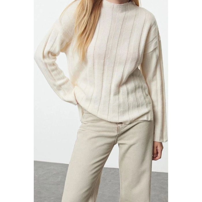 Women Fashion Stylish Stand Collar Standard Sleeve Regular Soft Texture Basic Knitwear Sweater