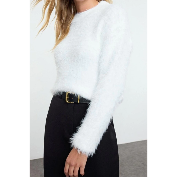 Women Fashion Stylish Crew Neck Standard Sleeve Regular Crop Wide Pattern Bearded Knitwear Sweater