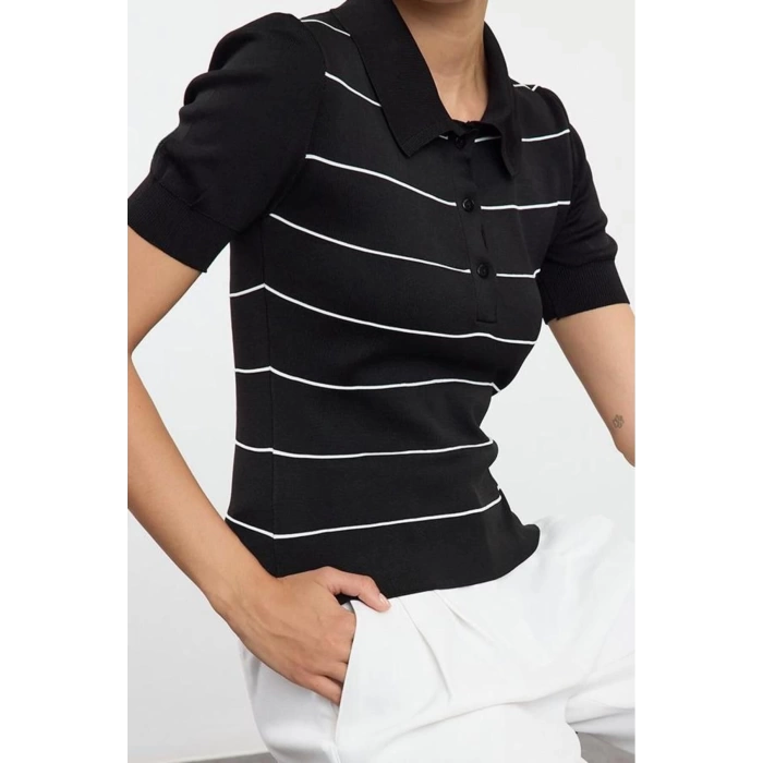Women Fashion Stylish Polo Neck Standard Sleeve Regular Striped Knitwear Sweater
