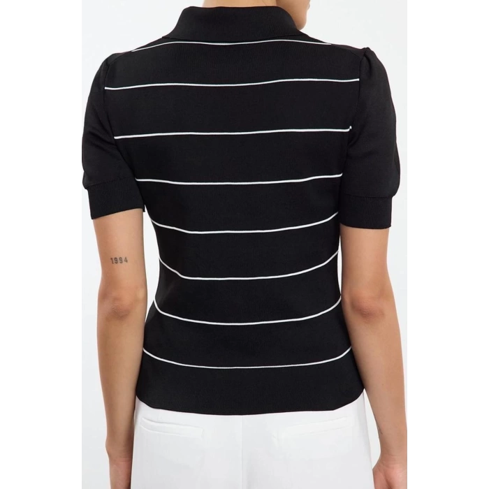 Women Fashion Stylish Polo Neck Standard Sleeve Regular Striped Knitwear Sweater
