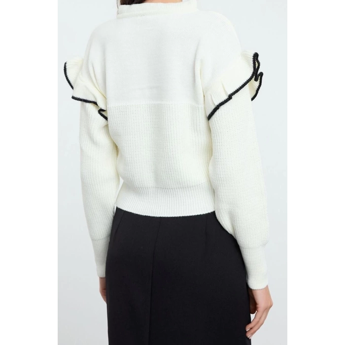 Womens Fashion Stylish Stand Collar Low Sleeve Regular Ribbon and Ruffle Detailed Knitwear Sweater