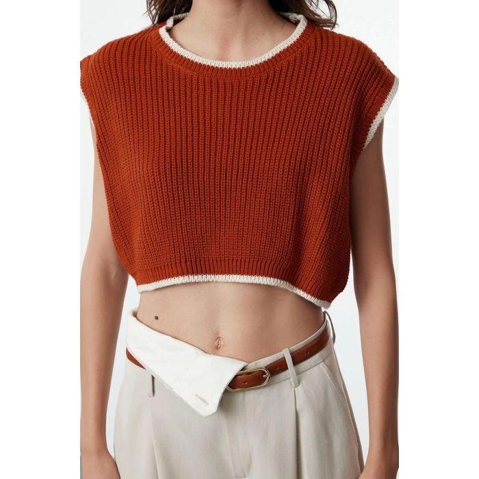 Women Fashion Stylish Crew Neck Regular Sleeve Crop Knit Sweater