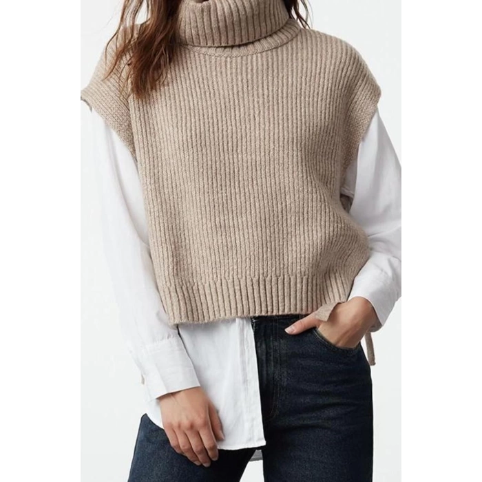 Women Fashion Stylish Turtleneck Regular Sleeve Crop Soft Textured Knitted Sweater