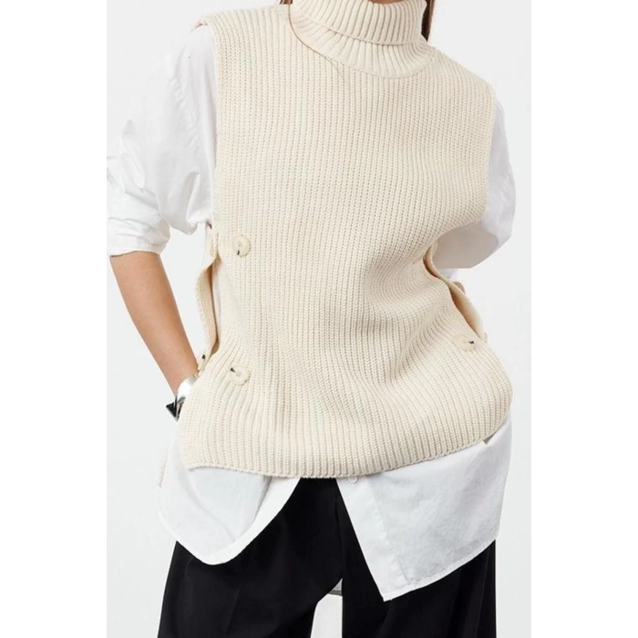 Women Fashion Stylish Turtleneck Regular Sleeve Functional Side Button Knitted Sweater