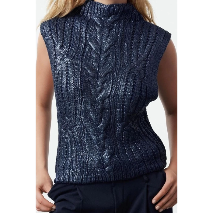 Women Fashion Stylish Stand Collar Standard Sleeve Regular Foil Printed Knitwear Sweater
