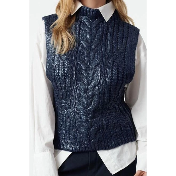 Women Fashion Stylish Stand Collar Standard Sleeve Regular Foil Printed Knitwear Sweater