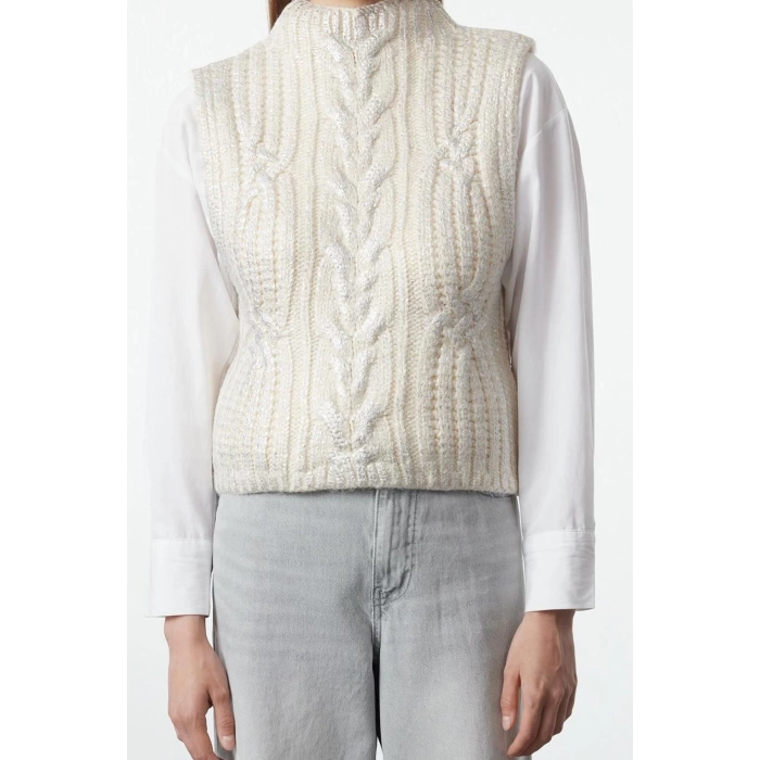 Women Fashion Stylish Stand Collar Standard Sleeve Regular Foil Printed Knitwear Sweater
