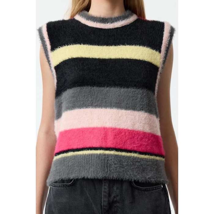 Women Fashion Stylish Crew Neck Regular Sleeve Color Block Knit Sweater
