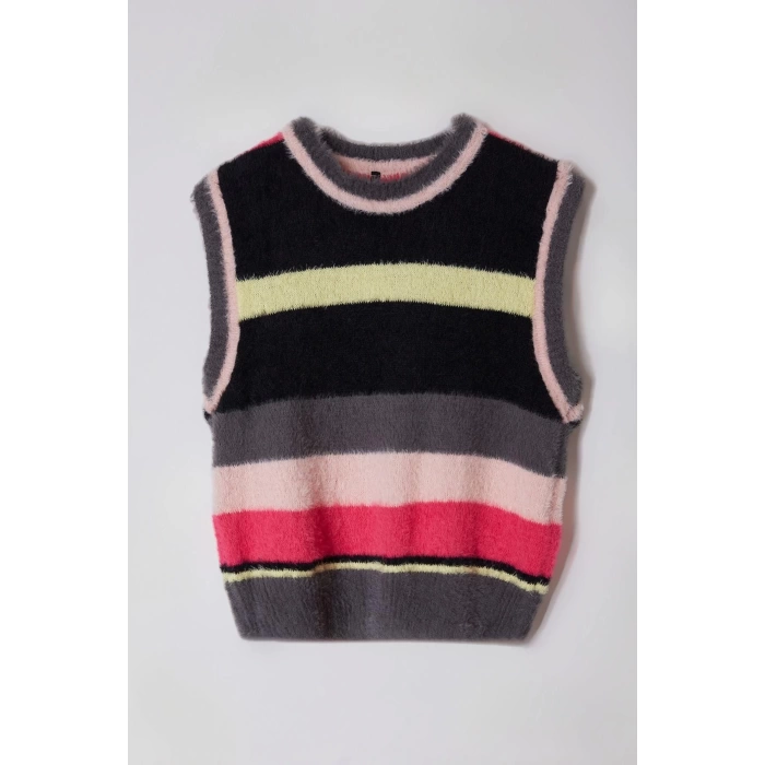 Women Fashion Stylish Crew Neck Regular Sleeve Color Block Knit Sweater