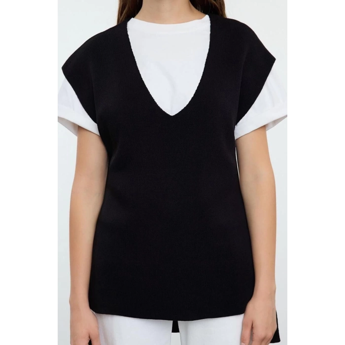 Womens Fashion Stylish V Neck Standard Sleeve Regular Wide Pattern Tie Detail Knitwear Sweater