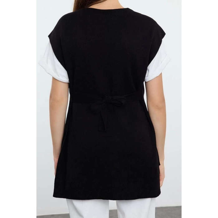 Womens Fashion Stylish V Neck Standard Sleeve Regular Wide Pattern Tie Detail Knitwear Sweater