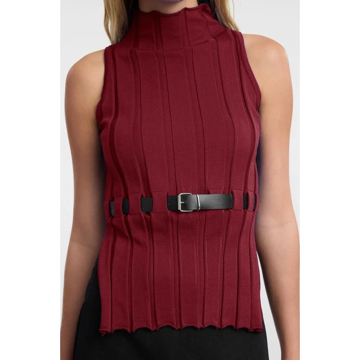 Women Fashion Stylish Stand Collar Standard Sleeve Regular Belted Knitwear Sweater
