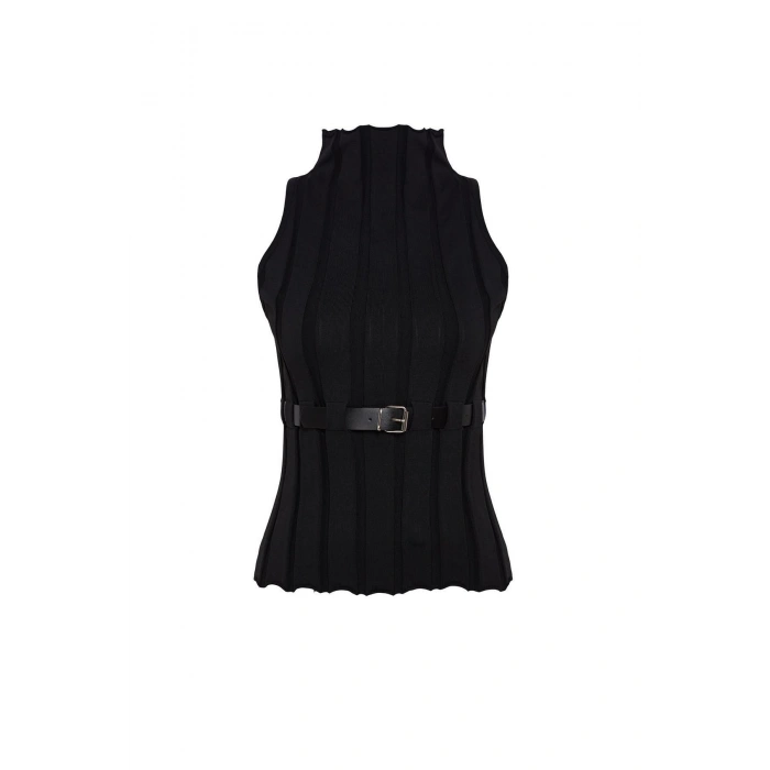 Women Fashion Stylish Stand Collar Standard Sleeve Regular Belted Knitwear Sweater