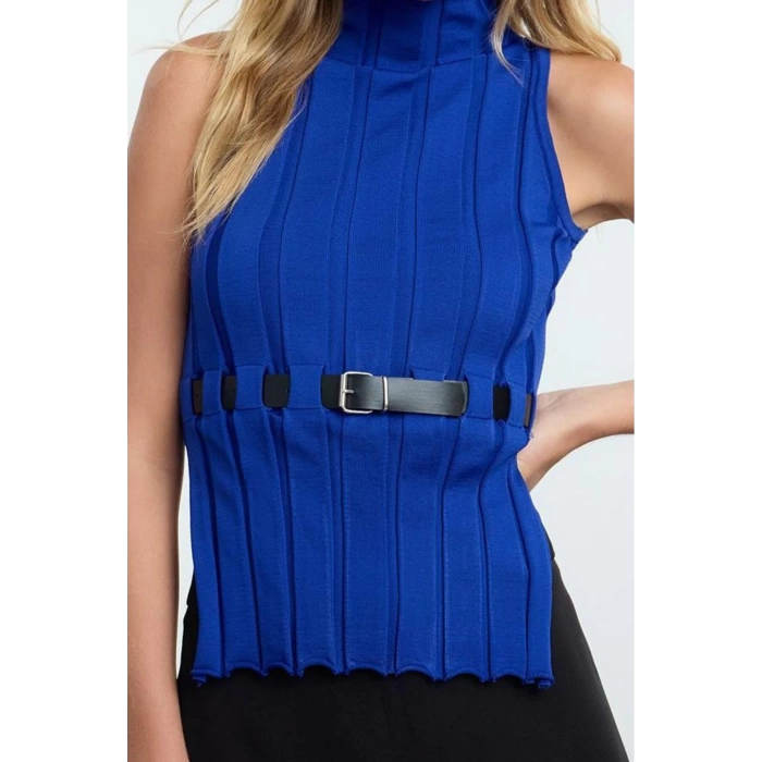 Women Fashion Stylish Stand Collar Standard Sleeve Regular Belted Knitwear Sweater