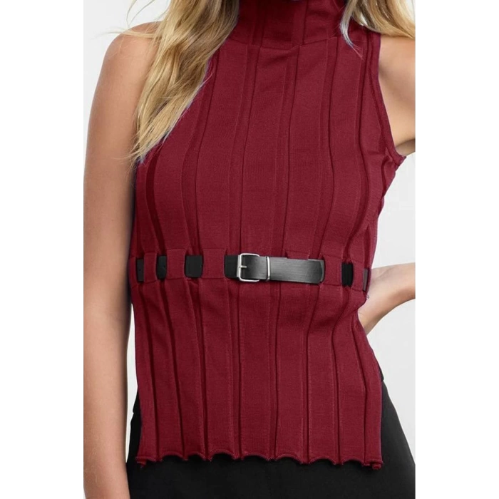 Women Fashion Stylish Stand Collar Standard Sleeve Regular Belted Knitwear Sweater