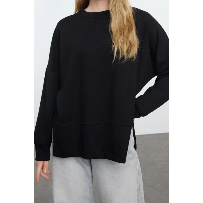 Kadın Moda Şık Bol Bisiklet Yaka Düşük Kol Uzun Geniş Kesim Yırtmaçlı Yumuşak Tuşeli Örme Sweatshirt