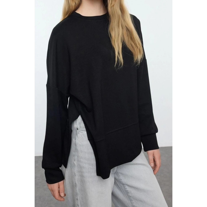 Kadın Moda Şık Bol Bisiklet Yaka Düşük Kol Uzun Geniş Kesim Yırtmaçlı Yumuşak Tuşeli Örme Sweatshirt