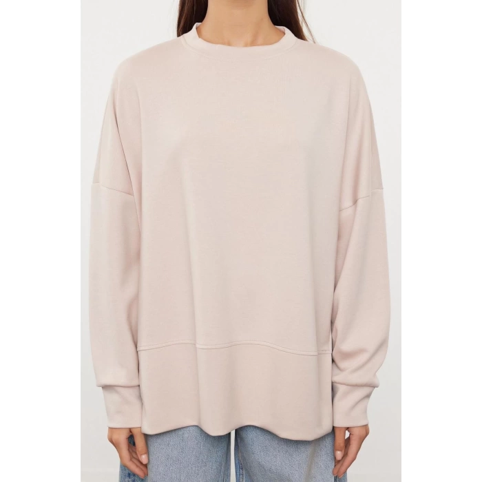 Kadın Moda Şık Bol Bisiklet Yaka Düşük Kol Uzun Geniş Kesim Yırtmaçlı Yumuşak Tuşeli Örme Sweatshirt