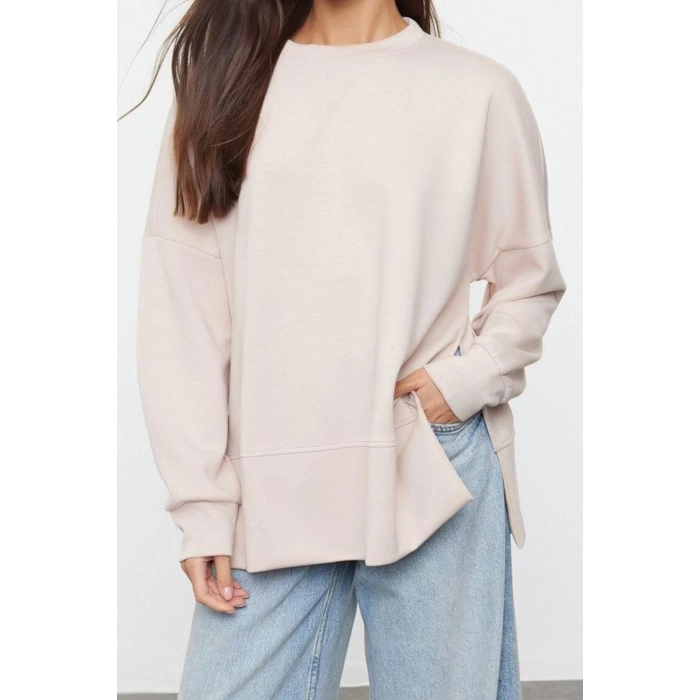 Kadın Moda Şık Bol Bisiklet Yaka Düşük Kol Uzun Geniş Kesim Yırtmaçlı Yumuşak Tuşeli Örme Sweatshirt