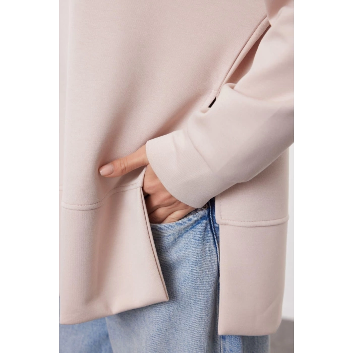 Kadın Moda Şık Bol Bisiklet Yaka Düşük Kol Uzun Geniş Kesim Yırtmaçlı Yumuşak Tuşeli Örme Sweatshirt