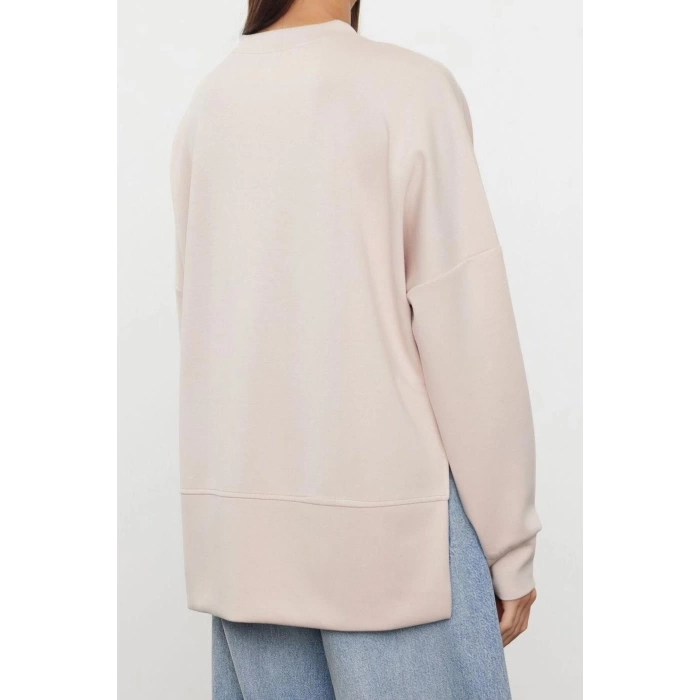 Kadın Moda Şık Bol Bisiklet Yaka Düşük Kol Uzun Geniş Kesim Yırtmaçlı Yumuşak Tuşeli Örme Sweatshirt
