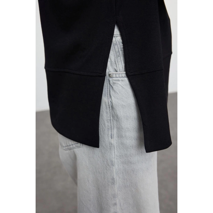 Kadın Moda Şık Bol Bisiklet Yaka Düşük Kol Uzun Geniş Kesim Yırtmaçlı Yumuşak Tuşeli Örme Sweatshirt