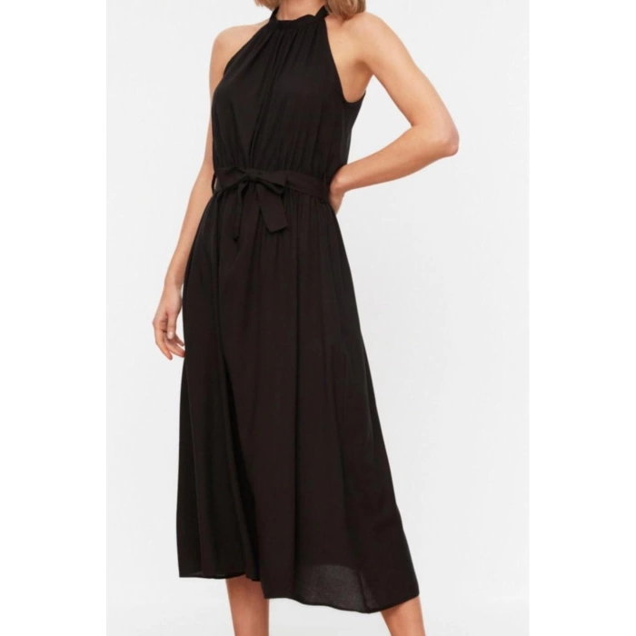 Women Fashion Stylish Midi Length Halter Neck Regular Belted A Cut Viscose Woven Dress