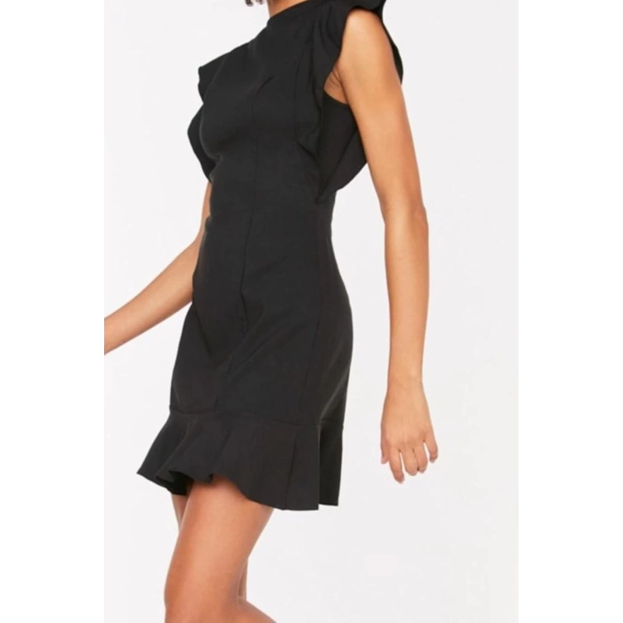 Women Fashion Stylish Mini Length Crew Neck Regular Body-Fitting Ruffle Detailed Woven Dress