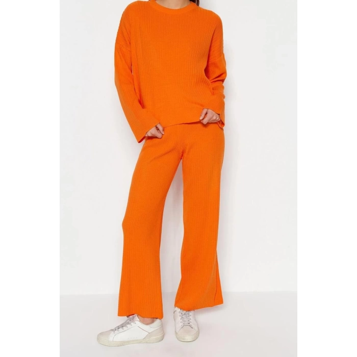 Women Fashion Stylish Straight Leg Regular Length Long Sleeve Basic Crew Neck Knitwear Bottom-Top Set