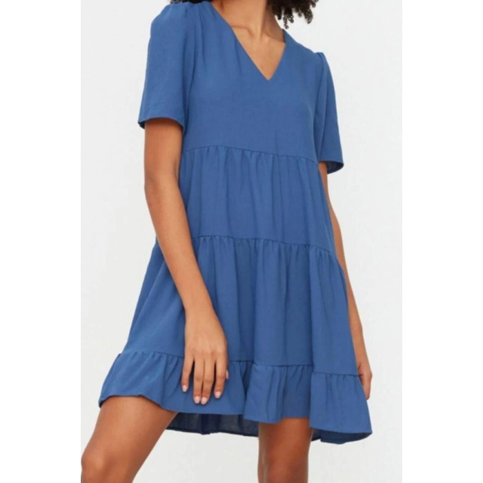 Women Fashion Stylish Mini Length V Neck Regular Wide Cut Woven Dress