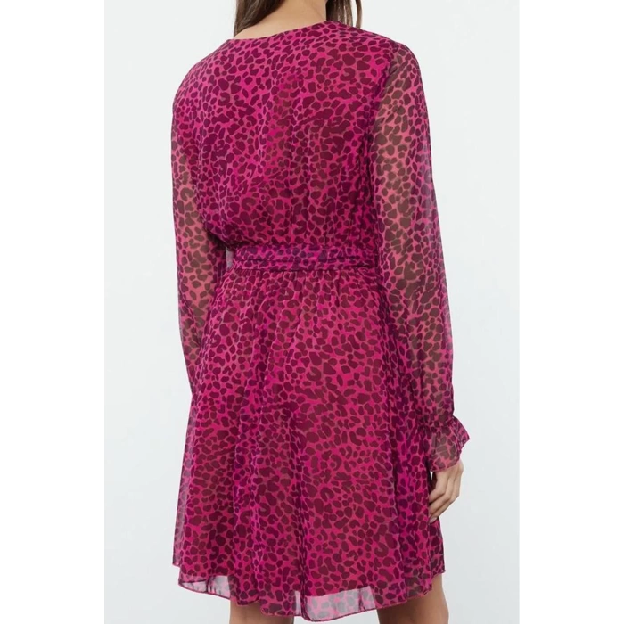 Women Fashion Stylish Mini Length Double Breasted Regular Floral Animal Pattern Belted Woven Dress