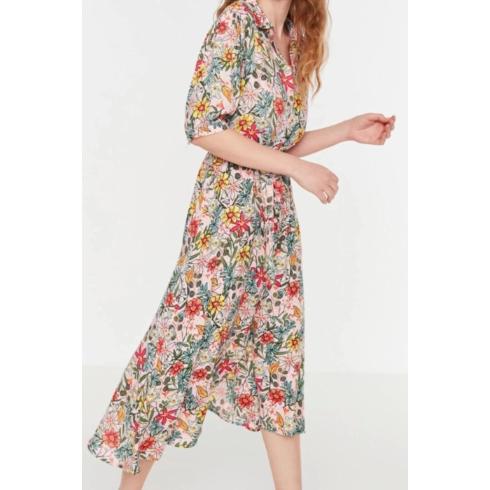 Women Fashion Stylish Midi Length Shirt Collar Regular Floral Pattern Belted Woven Viscose Shirt Dress