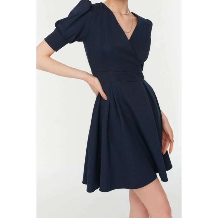Women Fashion Stylish Mini Length Double Breasted Regular Collar Skater Waist Open Woven Dress