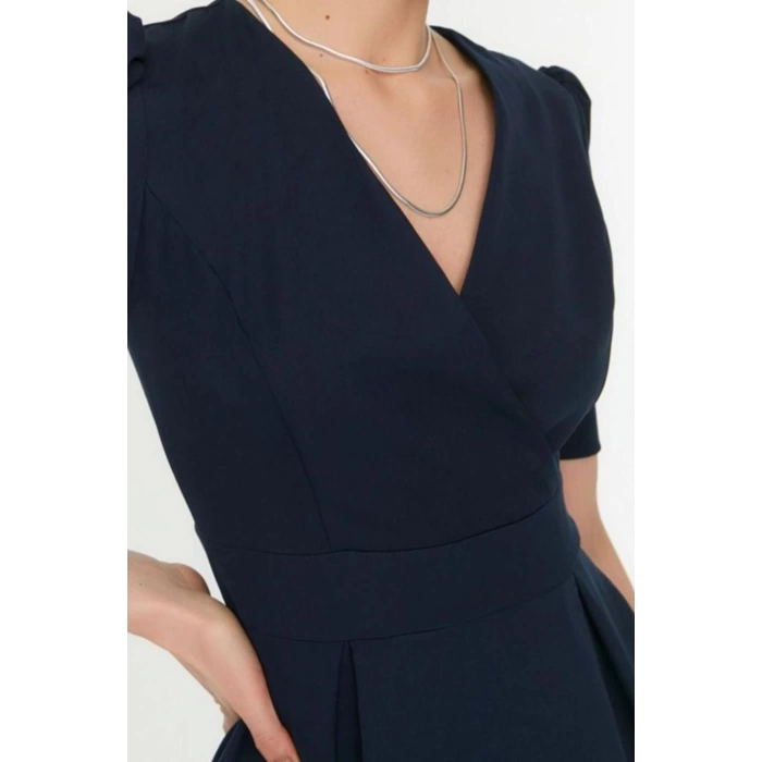 Women Fashion Stylish Mini Length Double Breasted Regular Collar Skater Waist Open Woven Dress