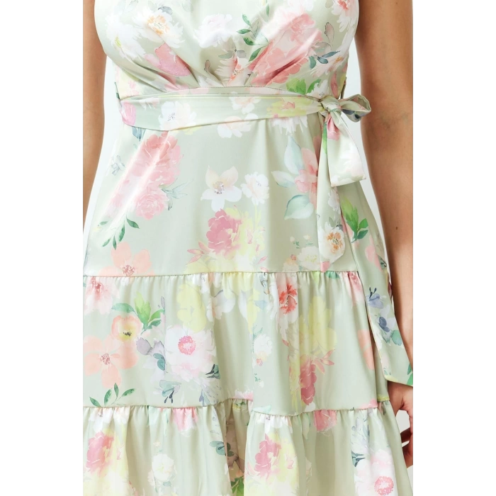 Women Fashion Stylish Mini Length Halter Neck Regular Belted Floral Patterned A-Line Satin Woven Dress