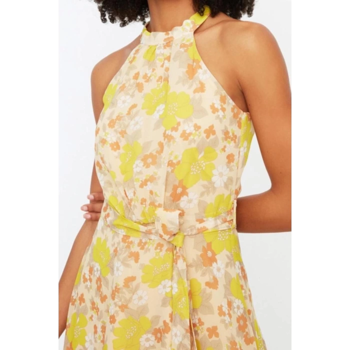 Women Fashion Midi Length Halter Neck Regular Floral Pattern Belted A Cut Sleeveless Lined Woven Dress