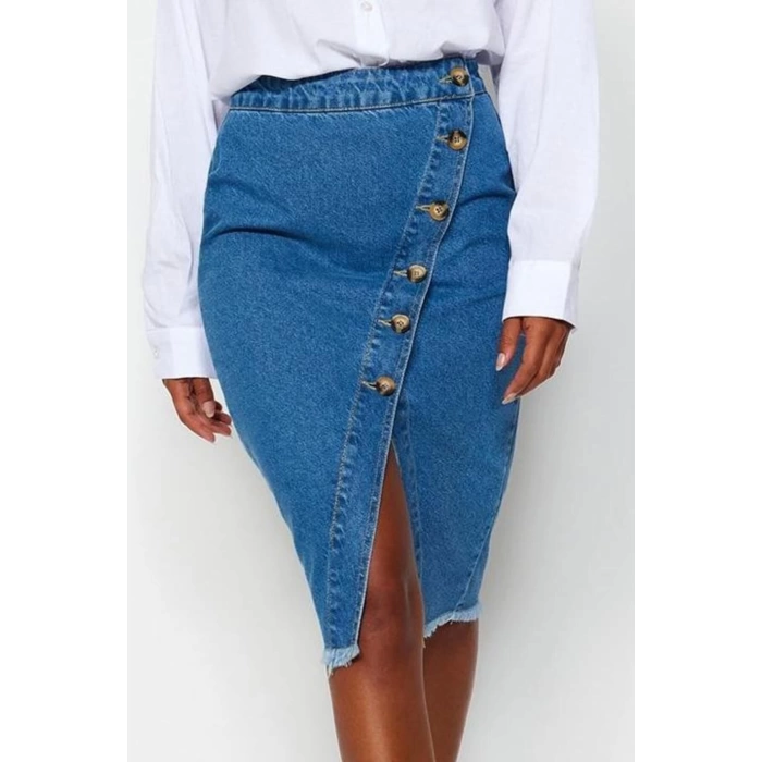 Women Fashion Style Midi Unlined Denim Button Detail Slit Midi Denim Skirt