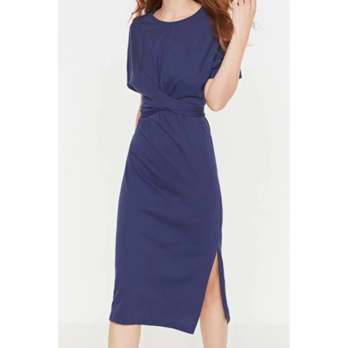 Womens Midi Length Slim 100% Cotton Waist-Sit Knitted Pencil Dress with Slit and Tie Detail
