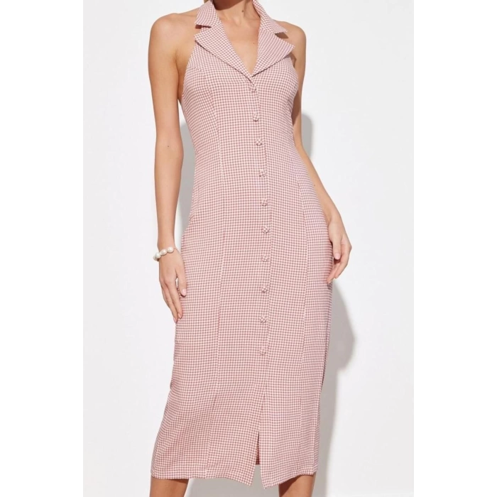 Women Fashion Stylish Midi Length Jacket Collar Regular Limited Edition Plaid Woven Jacket Dress