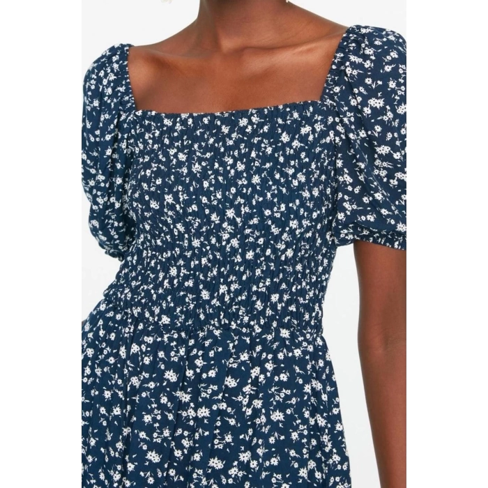 Women Fashion Stylish Mini Length Square Neck Relaxed Floral Skater Waist Open Gipel Viscose Woven Dress