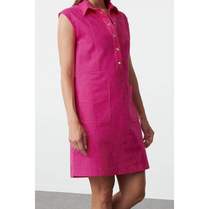 Women Fashion Stylish Mini Length Shirt Collar Relaxed Straight Cut Pocket Linen Look Woven Dress