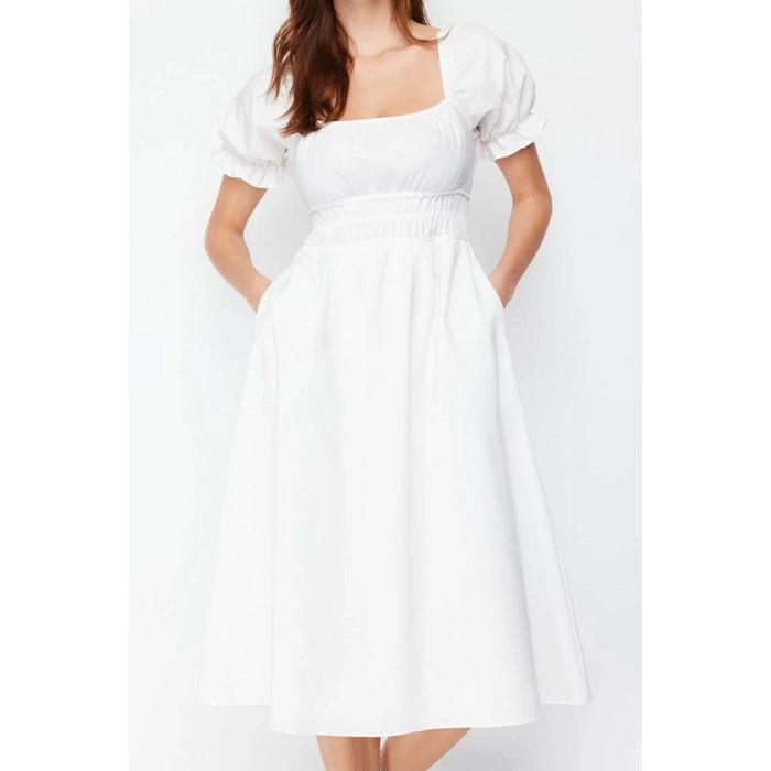 Women Fashion Stylish Midi Length Square Neck Regular Skater Waist Open Balloon Sleeve Lined Woven Dress