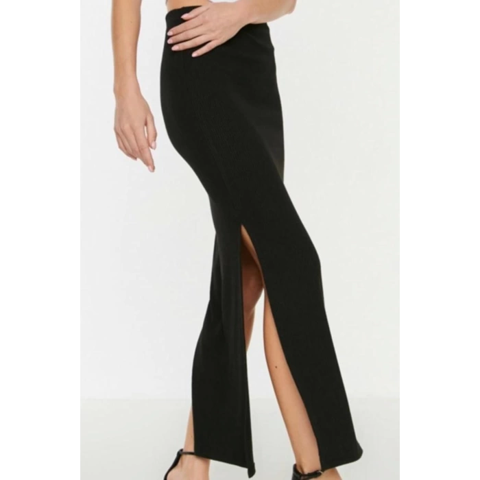 Womens Fashion Style Maxi Unlined Knitted Slit Detailed Body-Fitting High Waist Ribbed Flexible Knitted Skirt