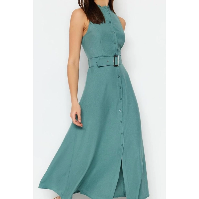 Women Fashion Stylish Maxi Length Halter Neck Regular Belted Woven Shirt Dress