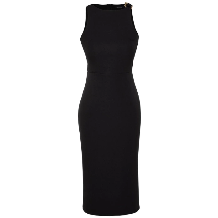 Womens Midi Length Halter Neck Regular Fitted Collar Accessory Detailed Pencil Skirt Woven Dress