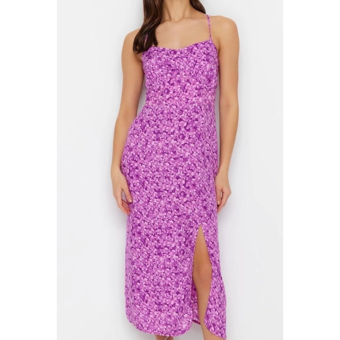 Women Fashion Stylish Midi Length Square Neck Regular Floral Patterned Straight Cut Back Detailed Woven Dress