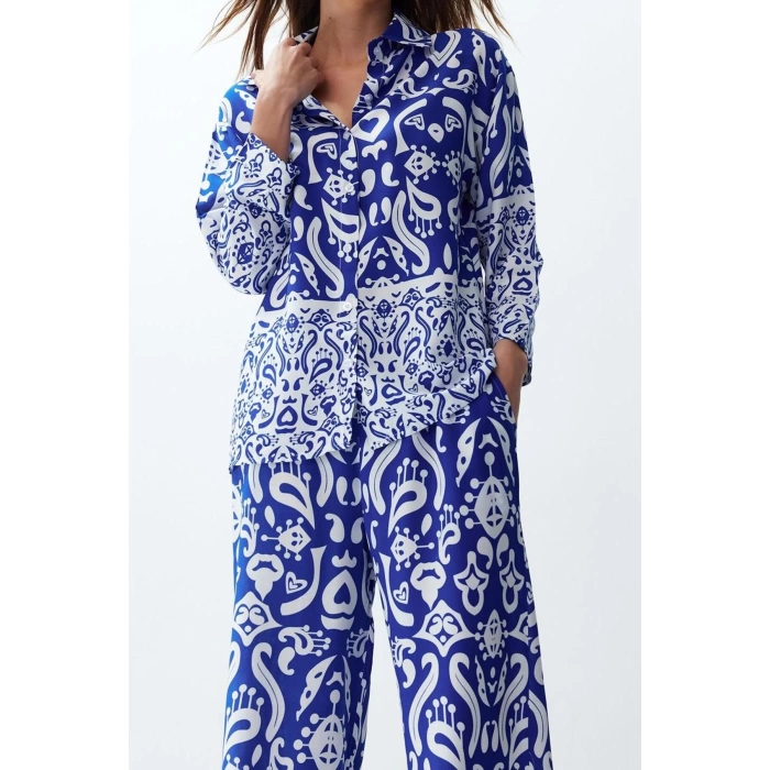 Women Fashion Stylish Regular Length Long Sleeve Zebra Patterned Woven Shirt-Pants Set